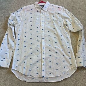 Bonobos Fish Print Mens Button Down Shirt Large Long White Blue Slim Fit